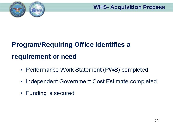 WHS- Acquisition Process Program/Requiring Office identifies a requirement or need • Performance Work Statement