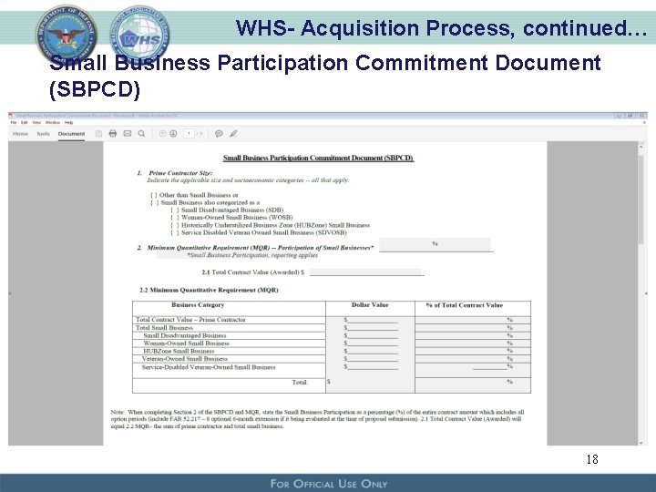 WHS- Acquisition Process, continued… Small Business Participation Commitment Document (SBPCD) 18 