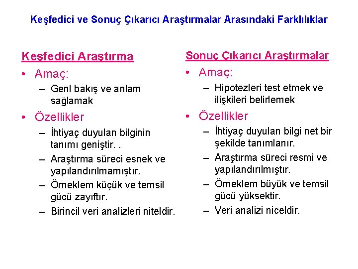 Keşfedici ve Sonuç Çıkarıcı Araştırmalar Arasındaki Farklılıklar Keşfedici Araştırma • Amaç: – Genl bakış