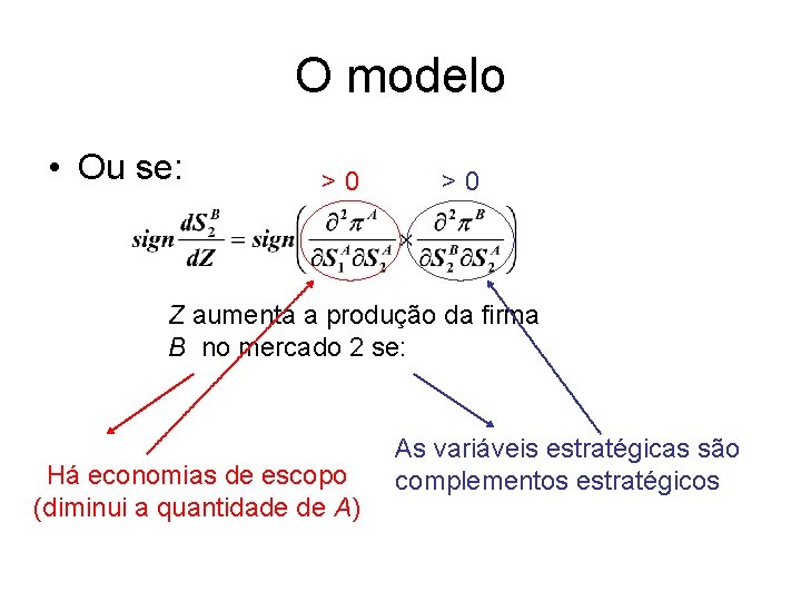 O modelo • Ou se: >0 >0 Z aumenta a produção da firma B