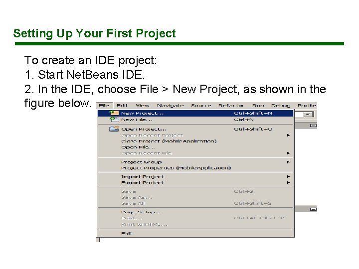 Setting Up Your First Project To create an IDE project: 1. Start Net. Beans Setting Up Your First Project To create an IDE project: 1. Start Net. Beans