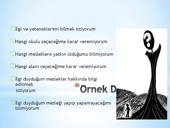 �İlgi ve yeteneklerimi bilmek istiyorum �Hangi okulu seçeceğime karar veremiyorum �Hangi mesleklere yatkın olduğumu