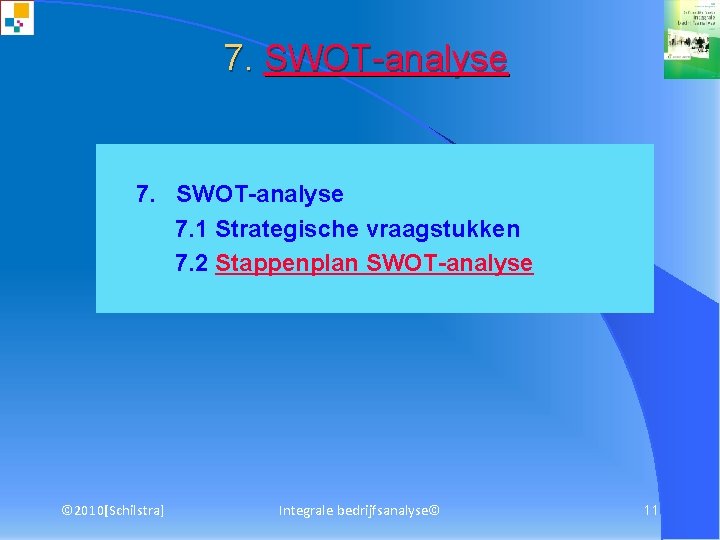 7. SWOT-analyse 7. SWOT-analyse 7. 1 Strategische vraagstukken 7. 2 Stappenplan SWOT-analyse © 2010[Schilstra]