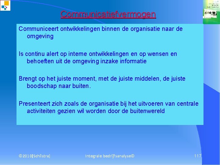 Communicatiefvermogen Communiceert ontwikkelingen binnen de organisatie naar de omgeving Is continu alert op interne