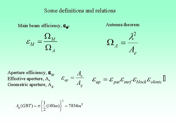 Some definitions and relations Main beam efficiency, M Aperture efficiency, ap Effective aperture, Ae