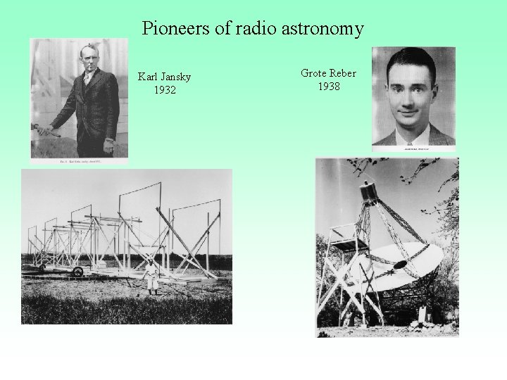 Pioneers of radio astronomy Karl Jansky 1932 Grote Reber 1938 