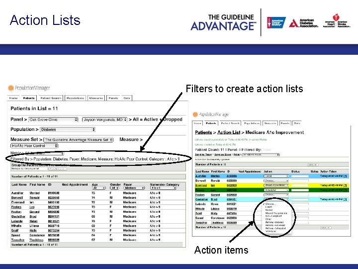 Action Lists Filters to create action lists Action items 