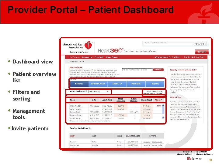 Provider Portal – Patient Dashboard • Dashboard view • Patient overview list • Filters