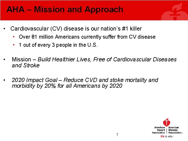 AHA – Mission and Approach • Cardiovascular (CV) disease is our nation’s #1 killer