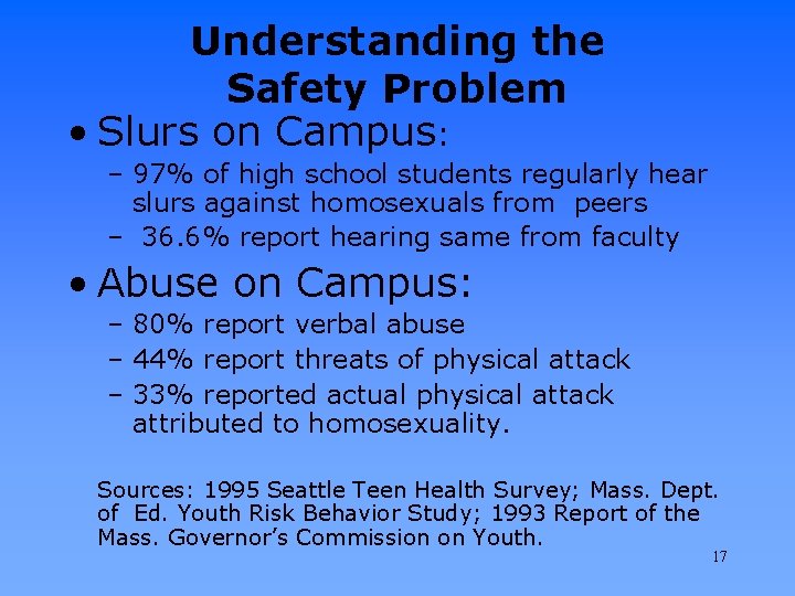 Understanding the Safety Problem • Slurs on Campus: – 97% of high school students