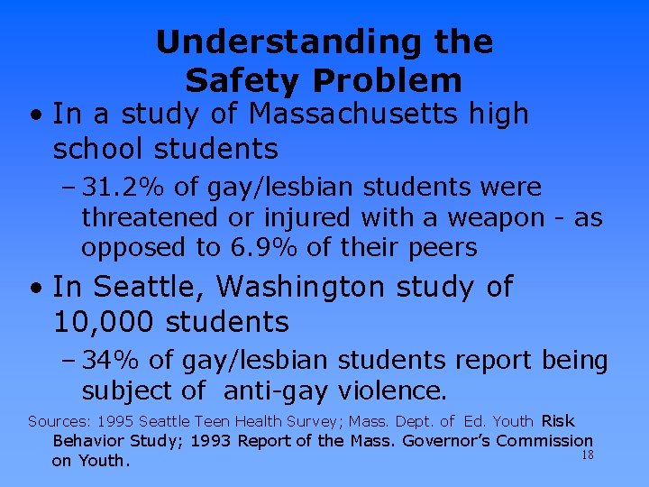 Understanding the Safety Problem • In a study of Massachusetts high school students –