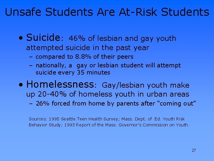 Unsafe Students Are At-Risk Students • Suicide: 46% of lesbian and gay youth attempted