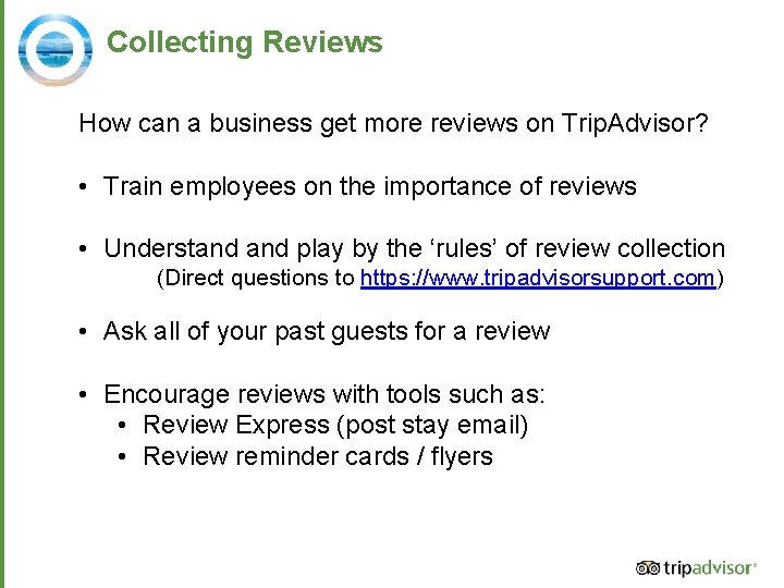 Collecting Reviews How can a business get more reviews on Trip. Advisor? • Train