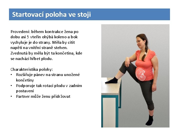 Startovací poloha ve stoji Provedení: během kontrakce žena po dobu asi 5 vteřin ohýbá