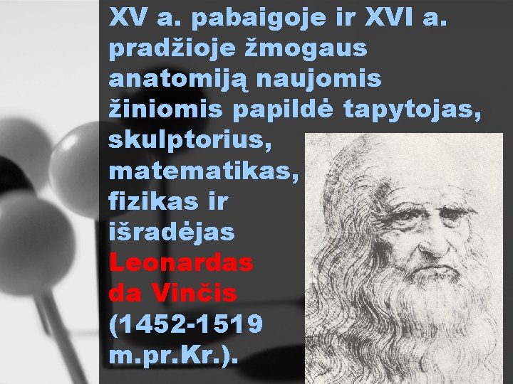 XV a. pabaigoje ir XVI a. pradžioje žmogaus anatomiją naujomis žiniomis papildė tapytojas, skulptorius,