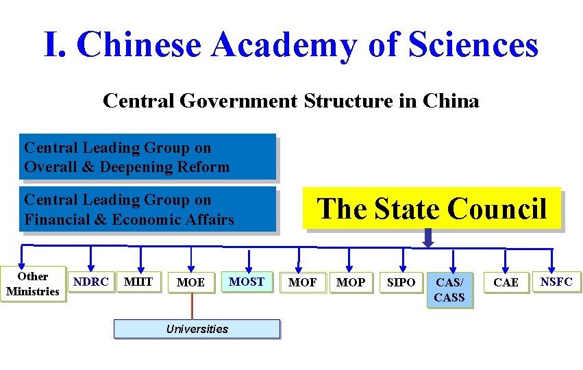 I. Chinese Academy of Sciences Central Government Structure in China Central Leading Group on