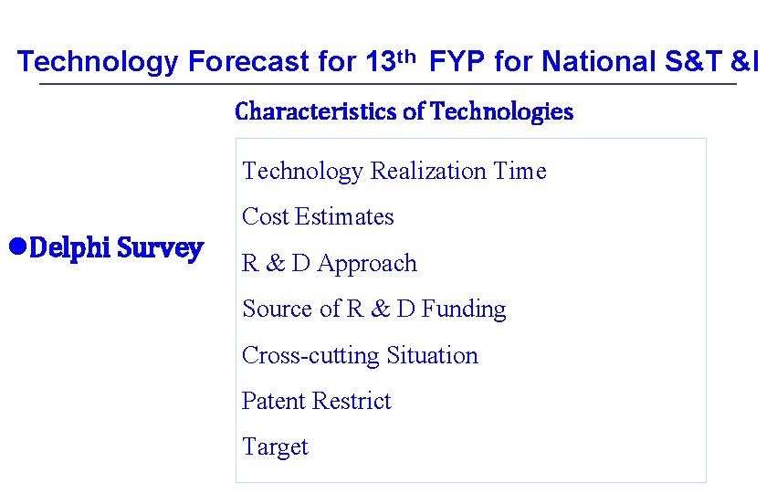 Technology Forecast for 13 th FYP for National S&T &I Characteristics of Technologies Technology