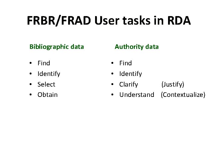 FRBR/FRAD User tasks in RDA Authority data Bibliographic data • • Find Identify Select