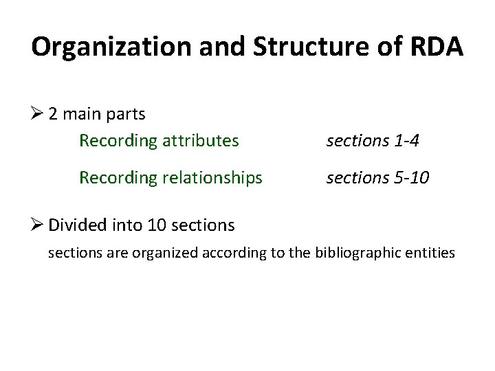 Organization and Structure of RDA Ø 2 main parts Recording attributes Recording relationships sections