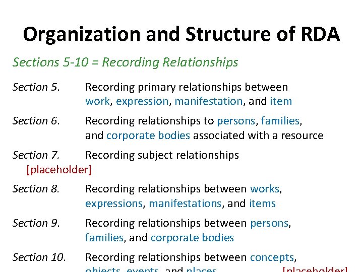 Organization and Structure of RDA Sections 5 -10 = Recording Relationships Section 5. Recording