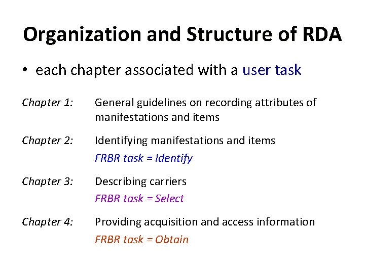 Organization and Structure of RDA • each chapter associated with a user task Chapter