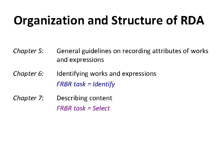 Organization and Structure of RDA Chapter 5: General guidelines on recording attributes of works