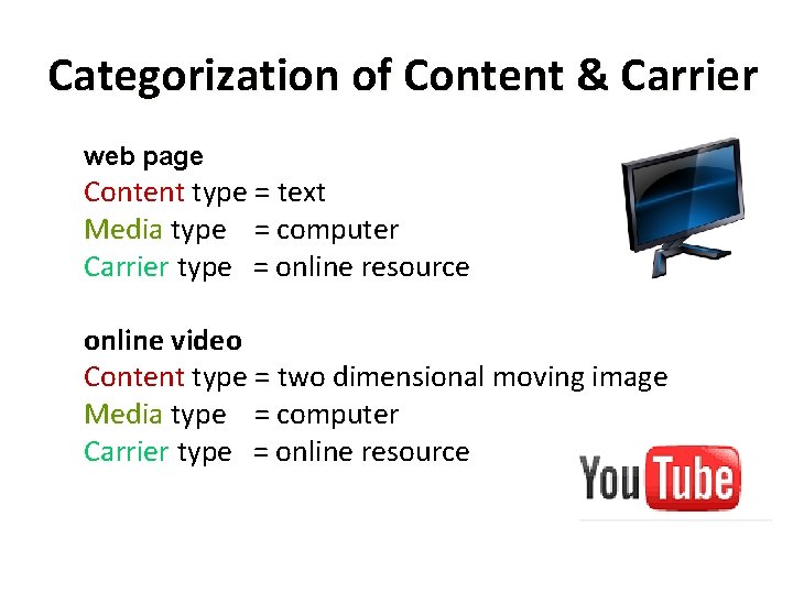 Categorization of Content & Carrier web page Content type = text Media type =