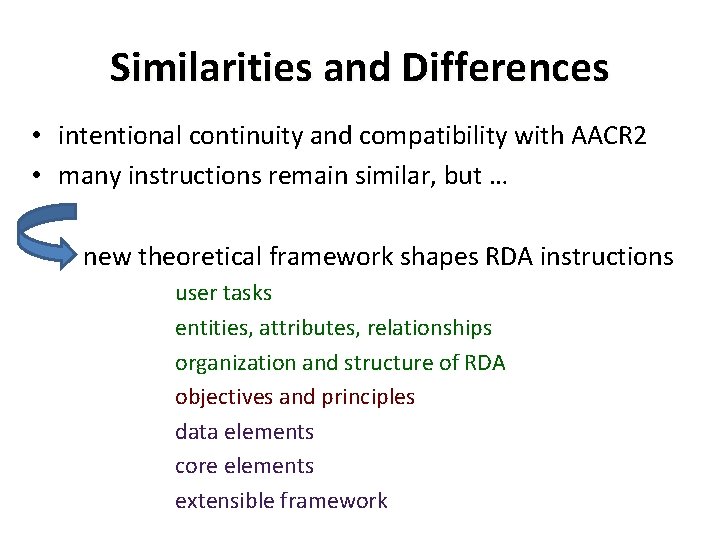 Similarities and Differences • intentional continuity and compatibility with AACR 2 • many instructions