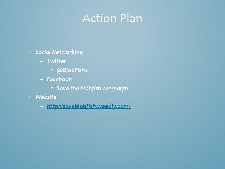 Action Plan • Social Networking – Twitter • @Blob. Fish 2 – Facebook •