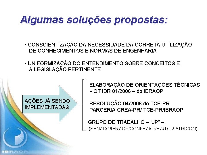 Algumas soluções propostas: • CONSCIENTIZAÇÃO DA NECESSIDADE DA CORRETA UTILIZAÇÃO DE CONHECIMENTOS E NORMAS