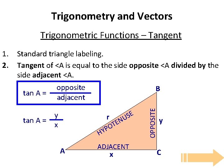 Trigonometry and Vectors Trigonometric Functions – Tangent Standard triangle labeling. Tangent of <A is