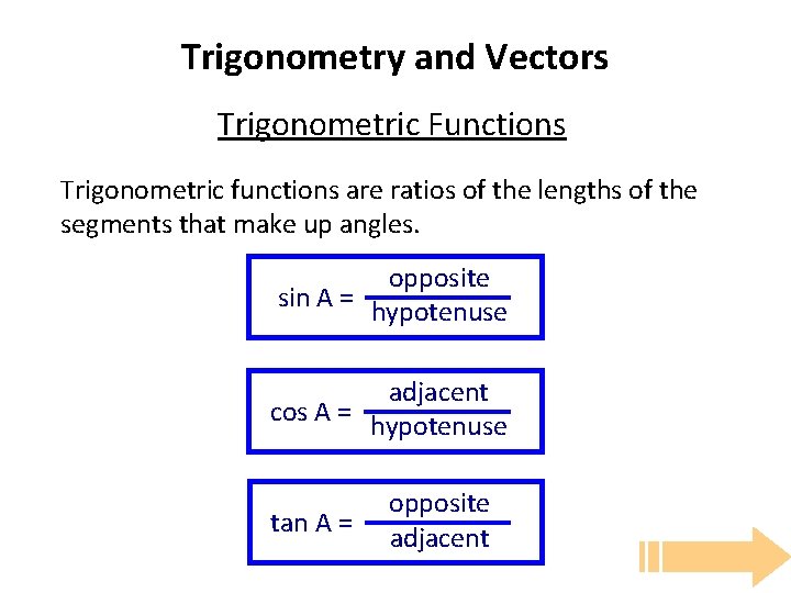 Trigonometry and Vectors Trigonometric Functions Trigonometric functions are ratios of the lengths of the