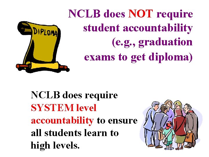 NCLB does NOT require student accountability (e. g. , graduation exams to get diploma)