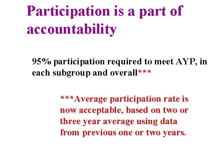 Participation is a part of accountability 95% participation required to meet AYP, in each