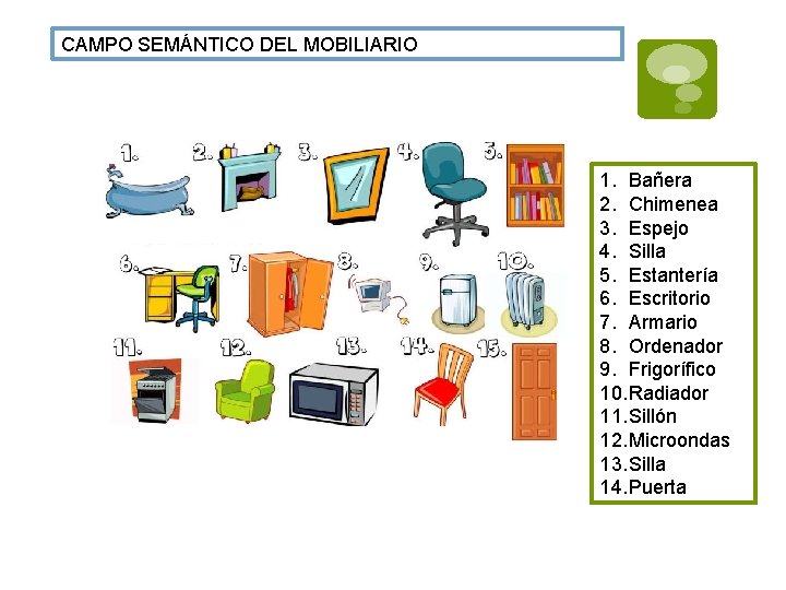 CAMPO SEMÁNTICO DEL MOBILIARIO 1. Bañera 2. Chimenea 3. Espejo 4. Silla 5. Estantería