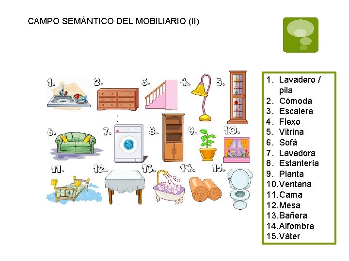 CAMPO SEMÁNTICO DEL MOBILIARIO (II) 1. Lavadero / pila 2. Cómoda 3. Escalera 4.