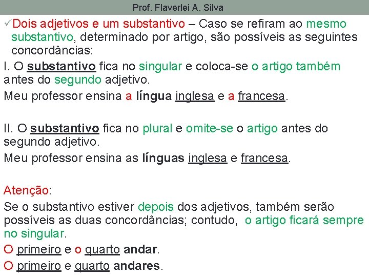 Prof. Flaverlei A. Silva üDois adjetivos e um substantivo – Caso se refiram ao