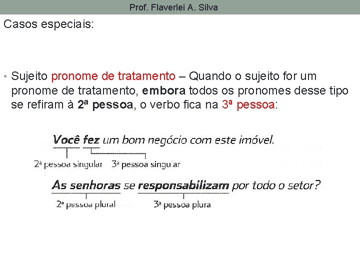 Prof. Flaverlei A. Silva Casos especiais: • Sujeito pronome de tratamento – Quando o