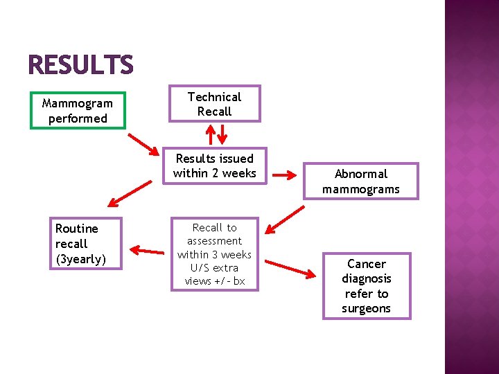 RESULTS Mammogram performed Technical Recall Results issued within 2 weeks Routine recall (3 yearly)