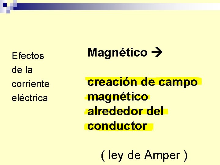 Efectos de la corriente eléctrica Magnético creación de campo magnético alrededor del conductor (