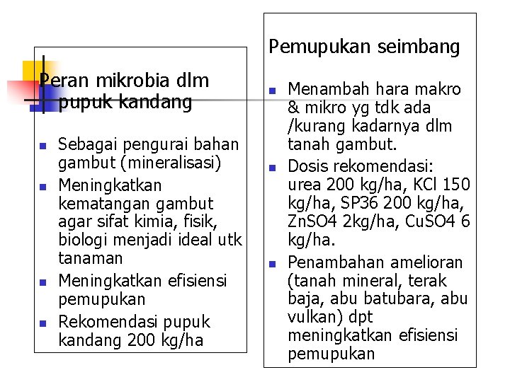 Pemupukan seimbang Peran mikrobia dlm pupuk kandang n n Sebagai pengurai bahan gambut (mineralisasi)