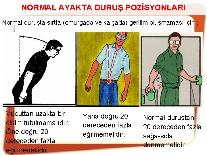 NORMAL AYAKTA DURUŞ POZİSYONLARI Normal duruşta sırtta (omurgada ve kalçada) gerilim oluşmaması için ;