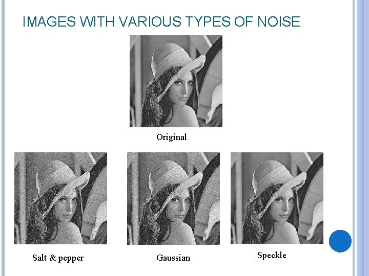 IMAGES WITH VARIOUS TYPES OF NOISE Original Salt & pepper Gaussian Speckle 