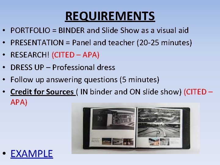 REQUIREMENTS • • • PORTFOLIO = BINDER and Slide Show as a visual aid