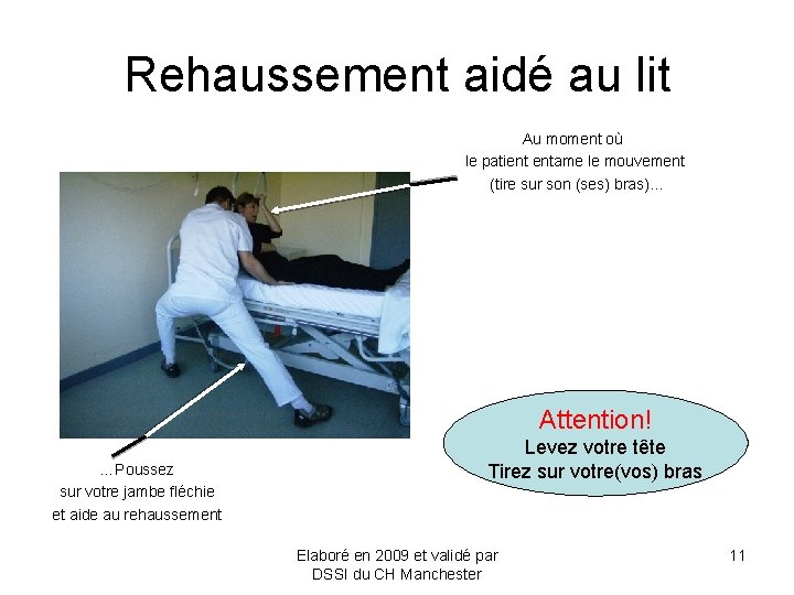 Rehaussement aidé au lit Au moment où le patient entame le mouvement (tire sur