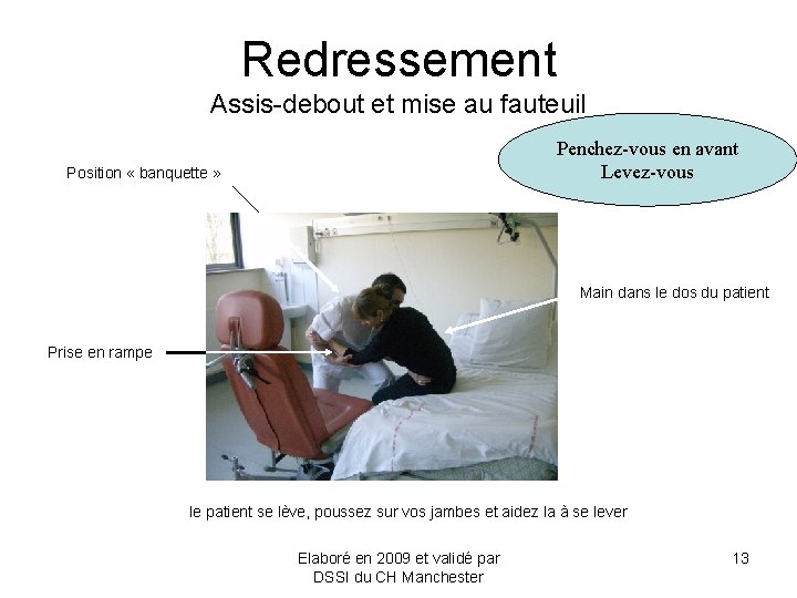 Redressement Assis-debout et mise au fauteuil Penchez-vous en avant Levez-vous Position « banquette »