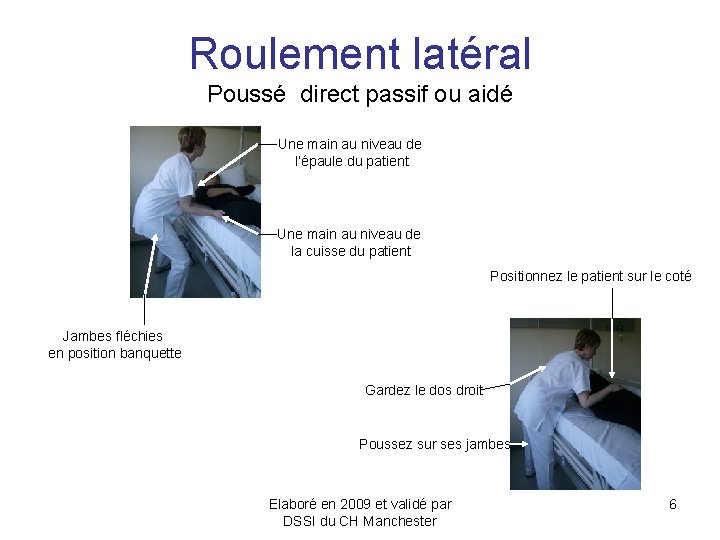 Roulement latéral Poussé direct passif ou aidé Une main au niveau de l’épaule du Roulement latéral Poussé direct passif ou aidé Une main au niveau de l’épaule du