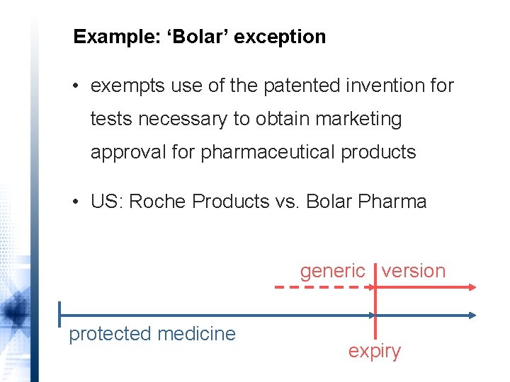 Example: ‘Bolar’ exception • exempts use of the patented invention for tests necessary to