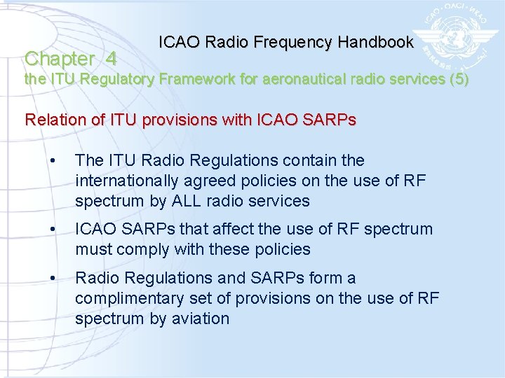 Chapter 4 ICAO Radio Frequency Handbook the ITU Regulatory Framework for aeronautical radio services