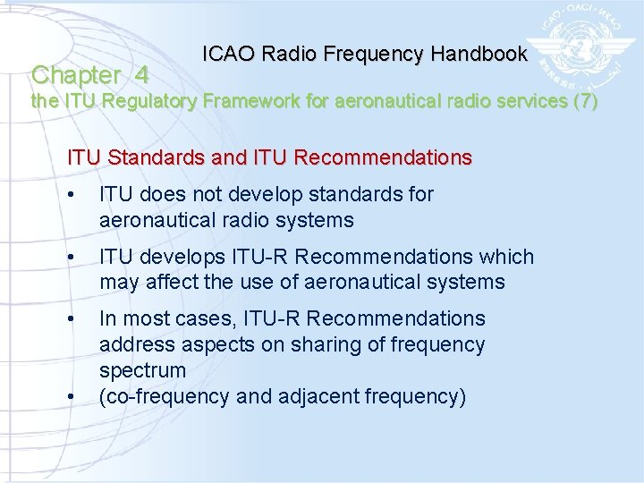 Chapter 4 ICAO Radio Frequency Handbook the ITU Regulatory Framework for aeronautical radio services